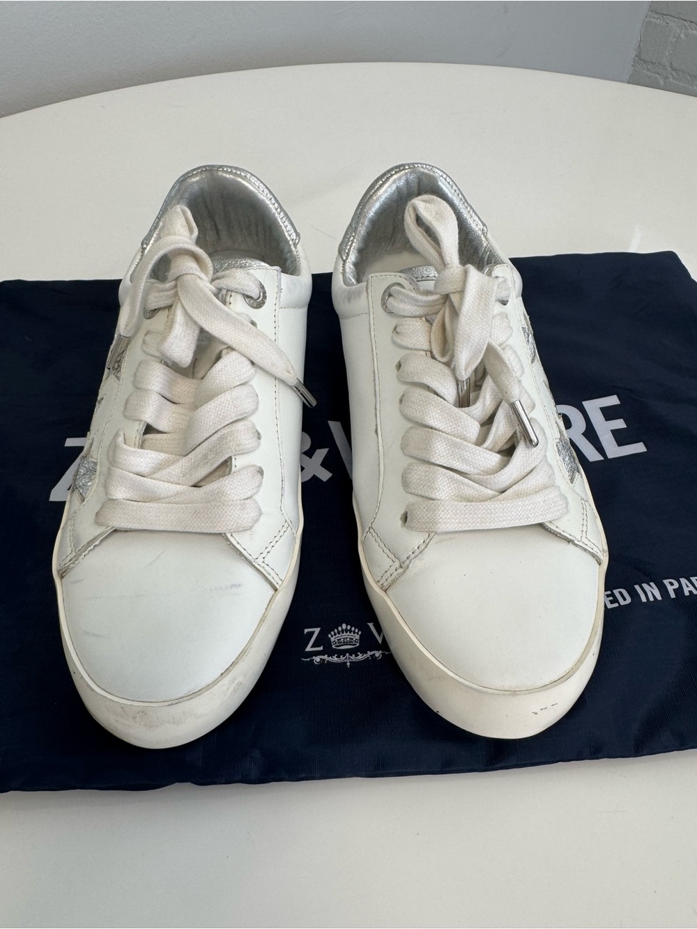 Zadig & Voltaire White Leather Sneakers with Silver Stars Size 36